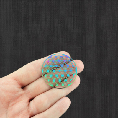 2 Flower of Life Rainbow Electroplated Stainless Steel Charms 2 Sided - E930