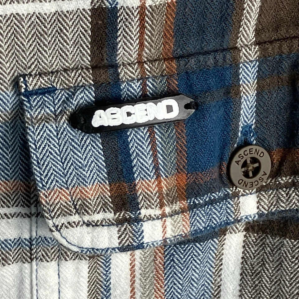 Camisa de manga larga de franela de algodón a cuadros azul marrón blanco talla mediana ASCEND para hombre Foto 3 de 4