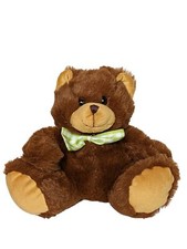 World Plush Brown Teddy Bear Plush Green Gingham Bow Stuffed Animal 9"