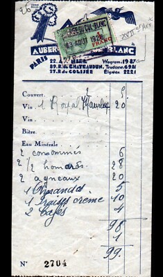 PARIS (XVII° / IX° / VIII°) HOTEL ''AUBERGE DU CUL BLANC'' Rechnung von 1928