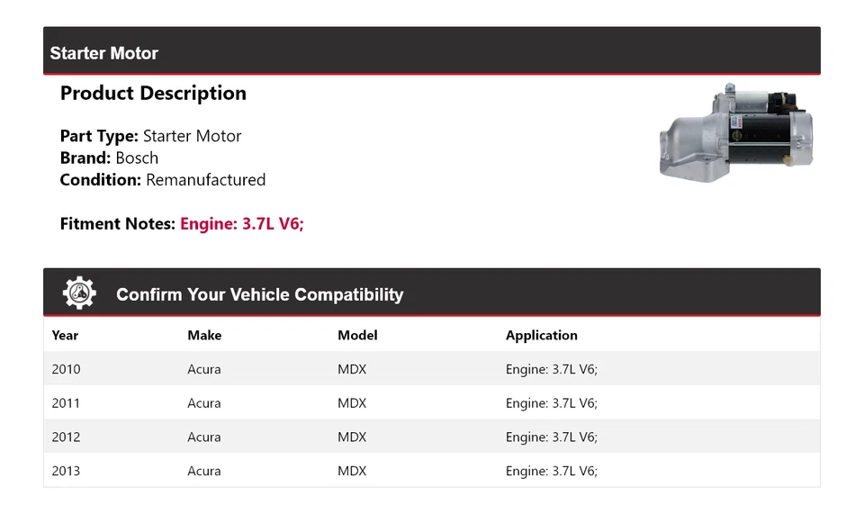 Arrancador Bosch Acura MDX 2010-2013 3,7 L V6 (remanufacturado) 2011 2012 Foto 2 de 4
