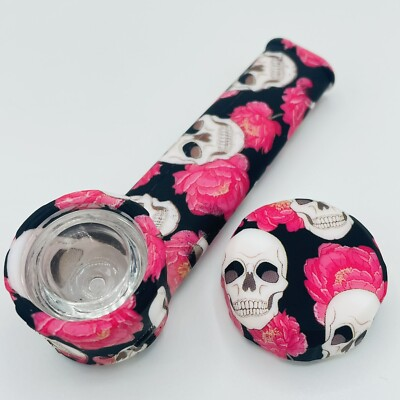 #ad Silicone Smoking Pipe with Glass Bowl amp; Cap Lid Skulls And Flowers USA $7.99