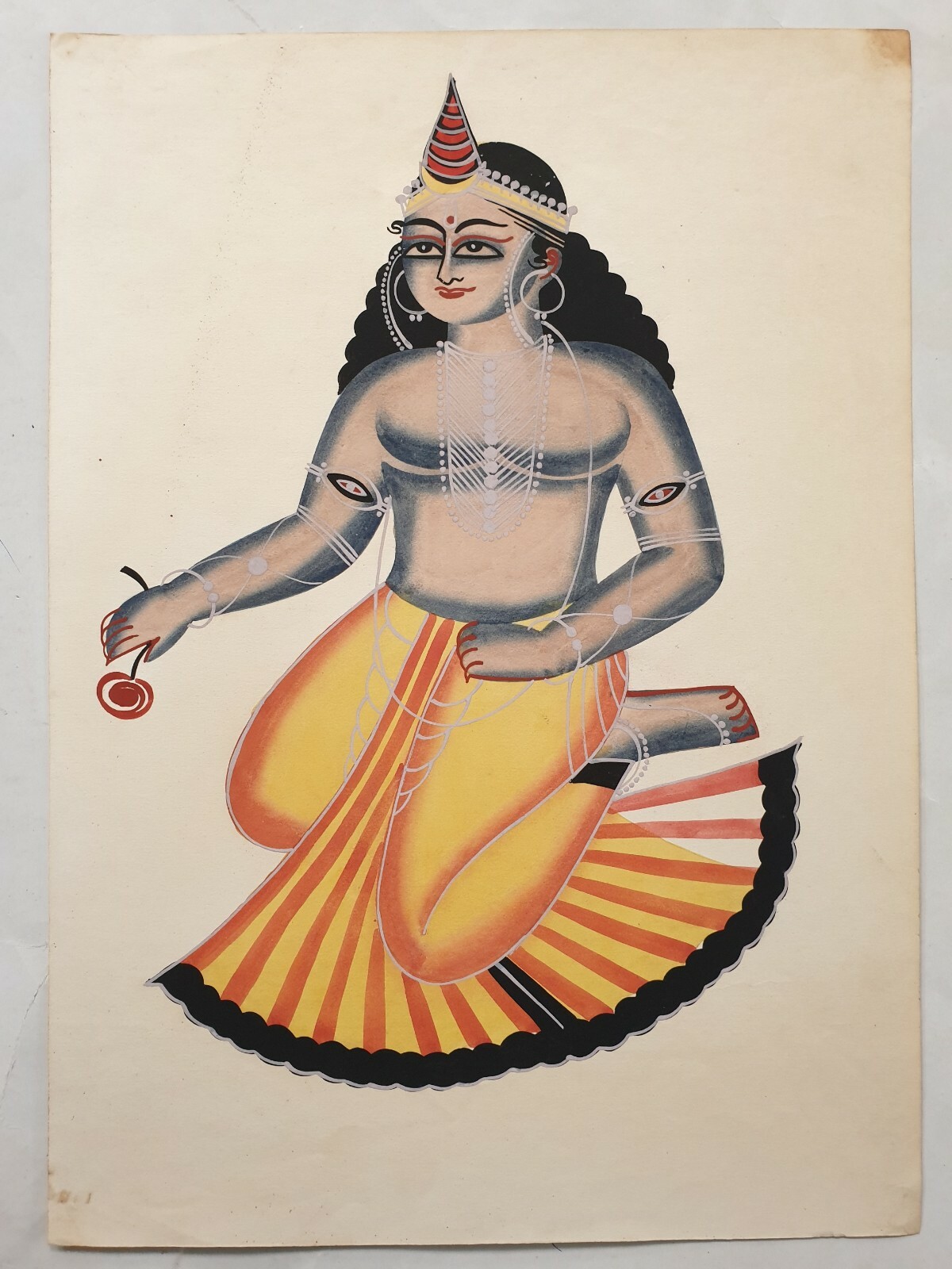 Bengal Kalighat Painting LORD KRISHNA IN SAFFRON WEAR 13in x 18in (8063)