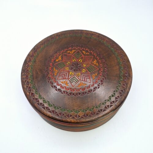 Yugoslavian Folk Art Trinket Box Carved Wood Vtg Jewelry Traditional Geometric - Picture 2 of 20