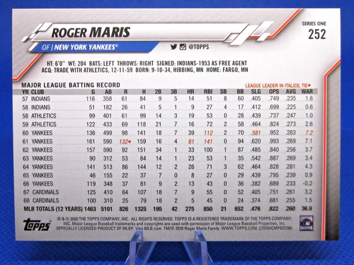2020 TOPPS SERIES 1 #252 ROGER MARIS SHORT PRINT SP VARIATION NEW YORK YANKEES - Picture 2 of 2