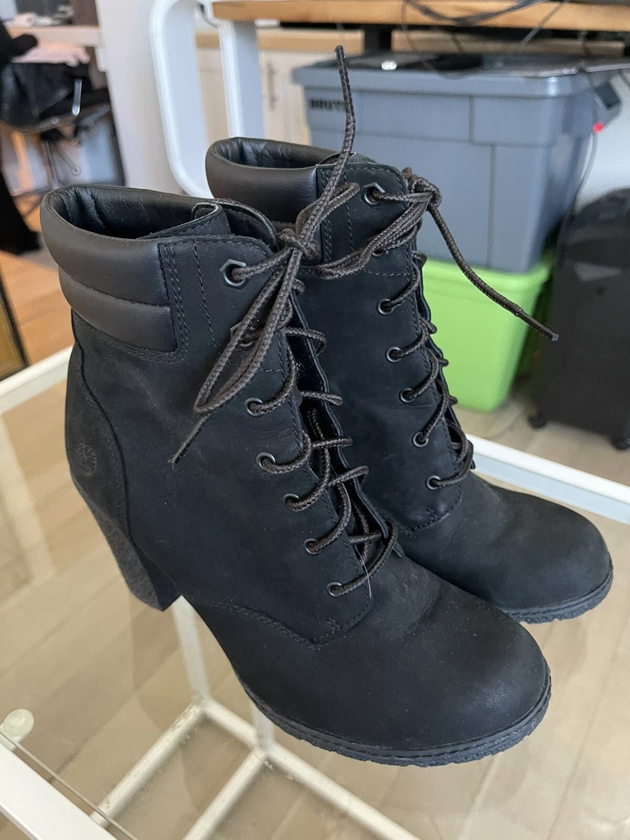 Slight Used Women s Timberland Tillston 6 Inch Black Nubuck Boots Size 8
