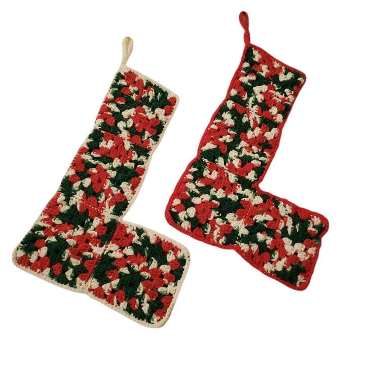 Vintage Crochet Christmas Stockings 1 Pair 16" L x 10" W Foto 2 de 4