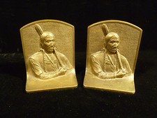 SIGNED SOLID BRONZE NATIVE AMERICAN INDIAN CHIEF AVONA BOOK ENDS &ndash; CIRCA 1910