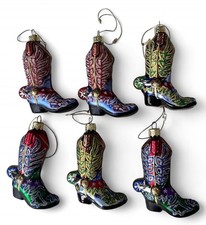 Set 6 Pair Kurt Adler 4" Western Cowboy Boots Glass Ornament Rhinestones Glitter