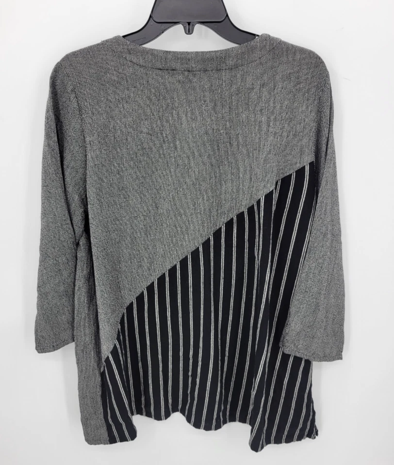 Coldwater Creek Top 女式 PL 混合黑色条纹 Lagenlook Artsy 长袖 — 第 2/4 张图片