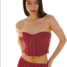NWT Zara Red Tweed Textured Corset Crop Top Small