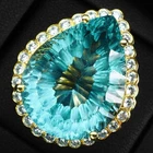 24K Gold 925 Sterling Silver Rings Pristine Sea Blue Aquamarine Concave 33.20Ct