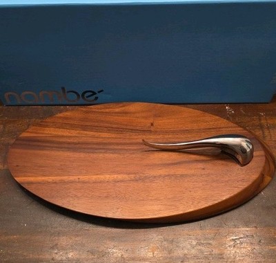 Nambe Swoop Wood Cheese Board & Spreader Set Acacia Wood & Alloy New Open Box