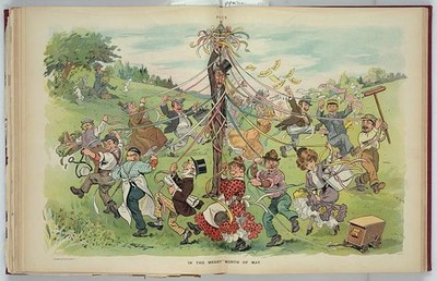 Merry month,May,Father,pole,Puck cartoons,dancing,spring,rites,Ehrhart,1905