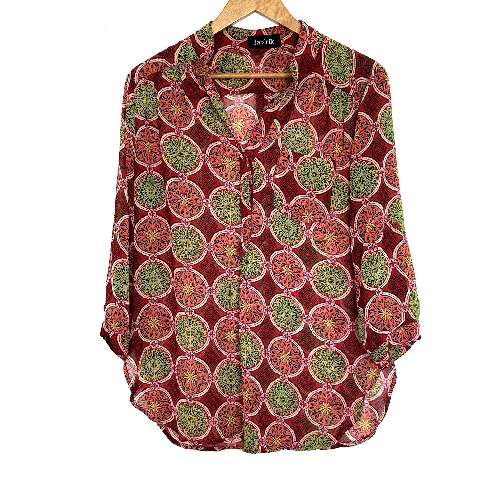 Fabrik Shirt Women’s Large Geometric Boho Sheer 3/4 Roll Tab Sleeve Blouse Top