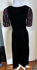 Vintage 80s Black Velvet Sequinned Sleeve Dress Small