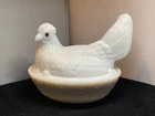 Hen On Nest Milk Glass Covered Chicken Candy Dish Red Eye Challinor or Atterbury