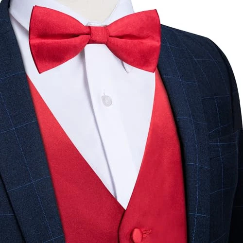  Mens Satin Vest and Bowtie Lapel Pin Set for Suit or Small Satin Fire Red - Image 3 of 4