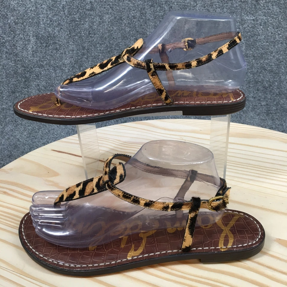 Sandalias Sam Edelman para mujer 10 Gigi estampado de leopardo tanga con tirantes planos de piel marrón Foto 2 de 4
