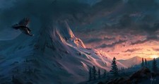 Landscape nature winter snow birds art mountains sunset Custom Gaming Mat Desk