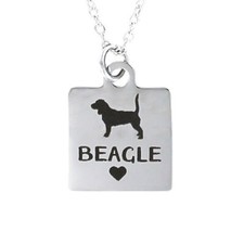 BEAGLE NECKLACE - Stainless Steel Dog Charm on Chain Engraved Square with Heart