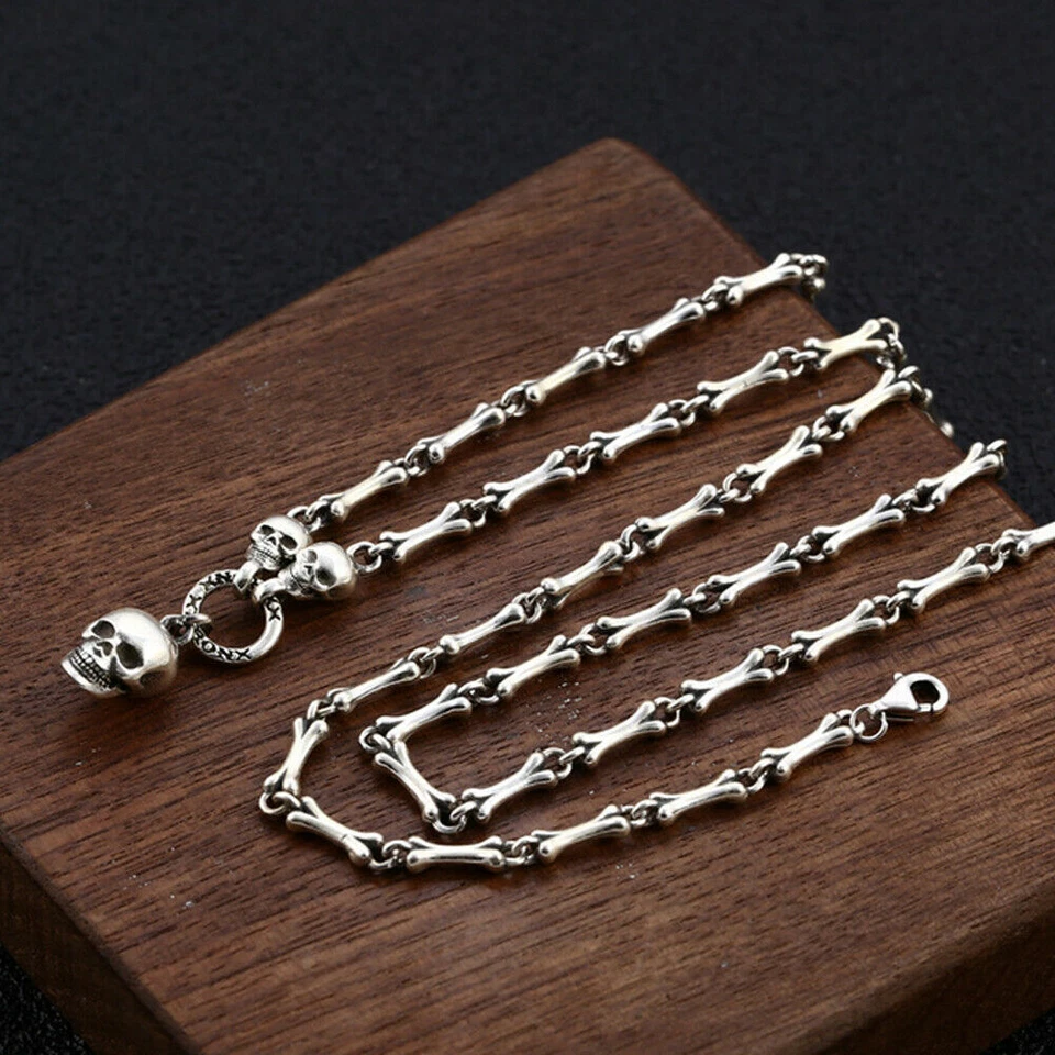 Auténtico collar colgante de plata esterlina S925 sólido con hueso de calavera Foto 2 de 4