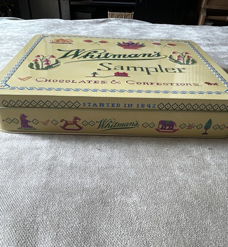 Whitman's Sampler Stitched Needlework Collectible Tin Storage Box Hinged Lid 10” - Picture 5 of 15