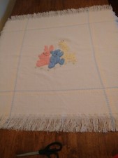 Rare Vintage Baby Blanket Pastel Pink Fringe Italy Bear Bunny Giraffe