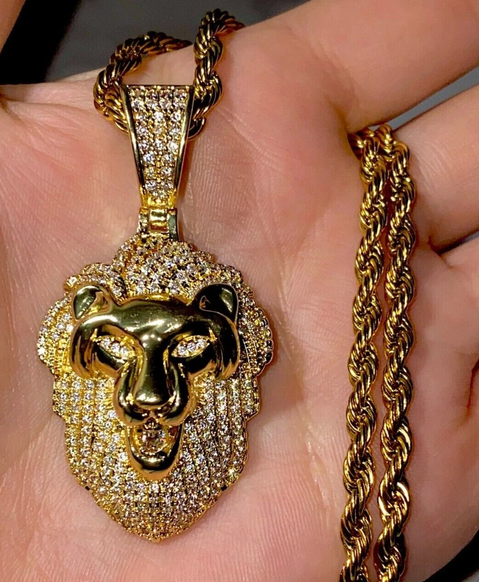 Mens 14k Gold Finish Iced Ice Lion Head Jungle King Charm Pendant