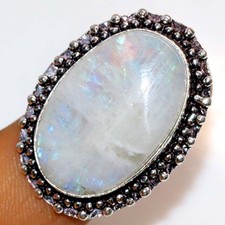 Rainbow Moonstone 925 Silver Plated Ring US 8 Special Edition Design Trendy JW