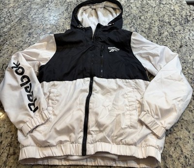 Reebok Track Jacket Mens M Hooded Lined Nylon Full Zip Athletic Black White