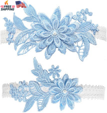 Wedding Garters Set Lace Bridal Garter Stretchy Floral Garter for Bride Blue Whi