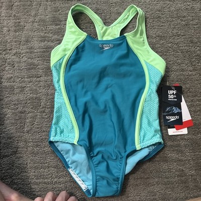 Speedo Girl s Teal Lime Green Thick Strap Racerback One Piece Swimsuit Size 8