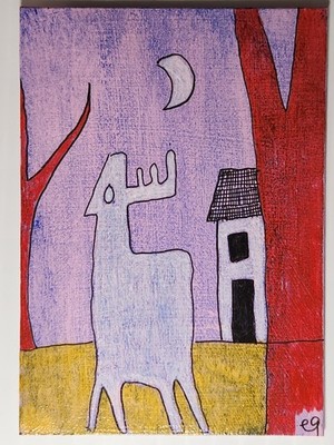 e9Art ACEO reindeer by house outsider art brut naive