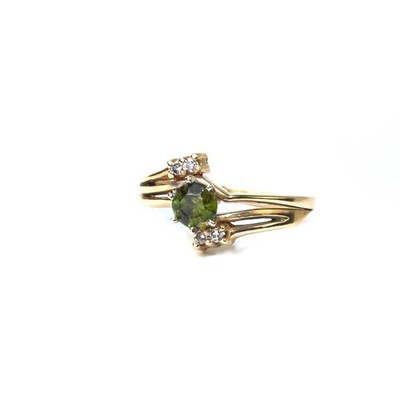 14K massiver Goldring natürlicher grüner Edelstein und Diamanten Akzente, Doppelband