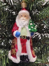 Glistening Golden Santa Old World Christmas Ornament, Hand Painted Blown Glass