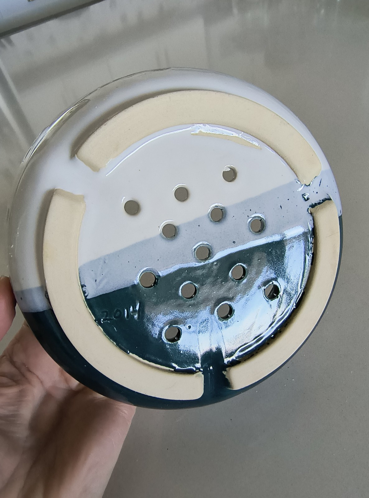 Colander Berries Pittery Bowl  Strainer Ceramic White Green 6.25" 