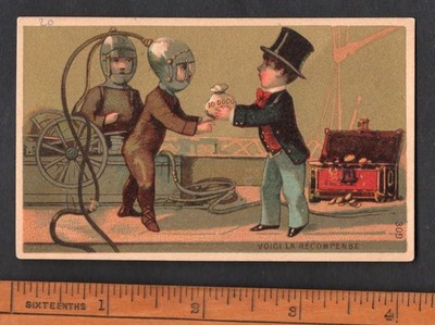 Deep Sea Divers Rare French Trade Card Circa 1890s Victorian Diving Suit Engine