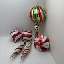 Set Of 6 Plastic Glitter Striped Christmas Ornaments Red Green Gold White