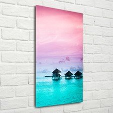 Wand-Bild Kunstdruck aus Hart-Glas Hochformat 70x140 Bungalows Wasser