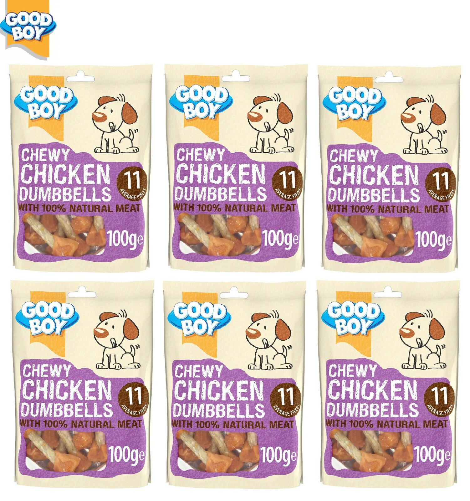 6 PACK GOODBOY CHEWY CHICKEN DUMBBELLS DOG PUPPY TREAT NATURAL MEATY CHEW 100G