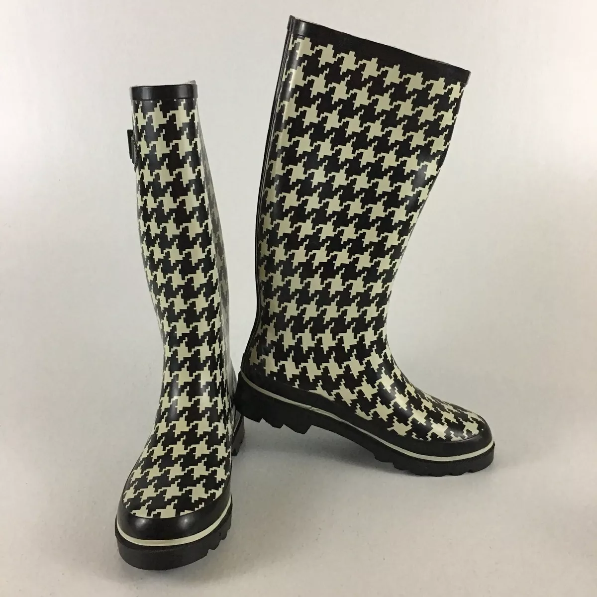 Talbots Women s Houndstooth Cream And Black Rain Boots US 6 UK 4 EU 37