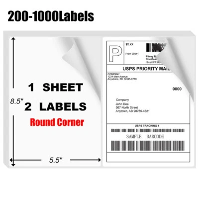 POLYSELLS 100-1000 Shipping Labels 8.5x5.5 Half Sheet Self Adhesive Round 2 Per Sheet