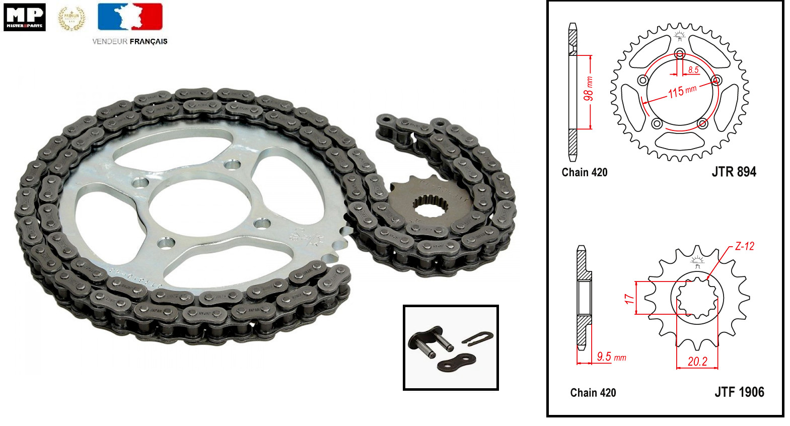 Kit Chaine 420 Remplacement Transmission pour Moto Cross KTM 65 SX 14x50