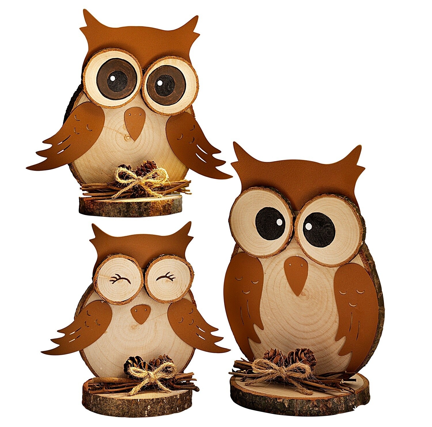 Набор посуды Deko Eulen Familie Kauz 3er Holz Baumscheiben Metall 3 Gren Braun B-WARE 1890₽