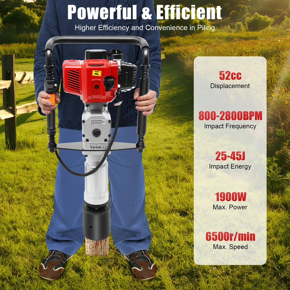52CC 2.3HP Gas Powered T Post Driver Fence Pile Driver Pounder Toolkit w/3 Heads - Image 2 of 4