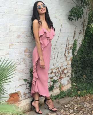 La MAISON TALULAH Rose Pink Gold Beaded Asymmetric Ruffle Dress L = 8/10  REVOLVE | eBay