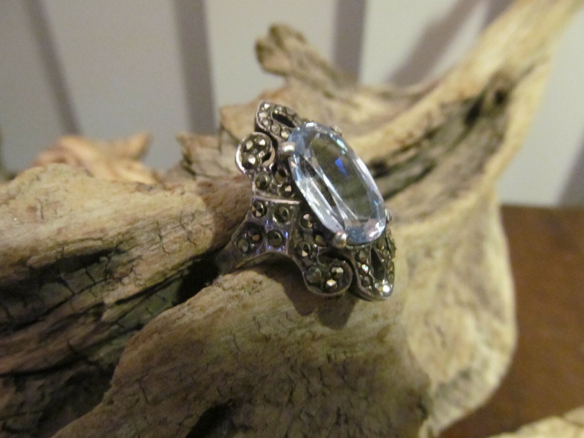 Art Deco 925 Sterling Silver Blue Aquamarine Marcasite Stone Ring