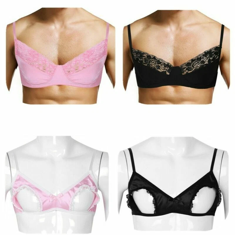 Men Sissy Lingerie Satin Open Tip Bra Hollow Out Nipples Wire-Free Bralette  Top