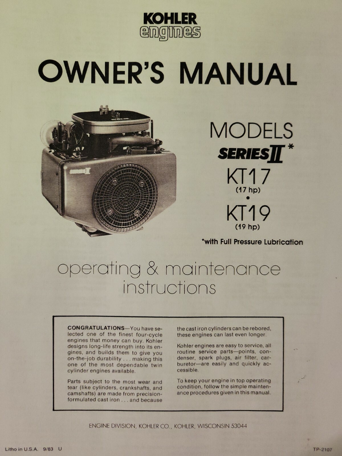 Kohler KT17 KT19 17 19 h.p ser II Engine Owners Manual Generator Garden